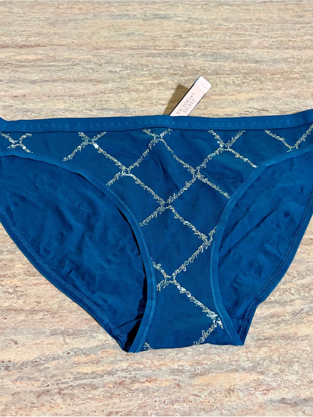 NWT Victoria's Secret Blue and Silver Logo Print Bikini Panty